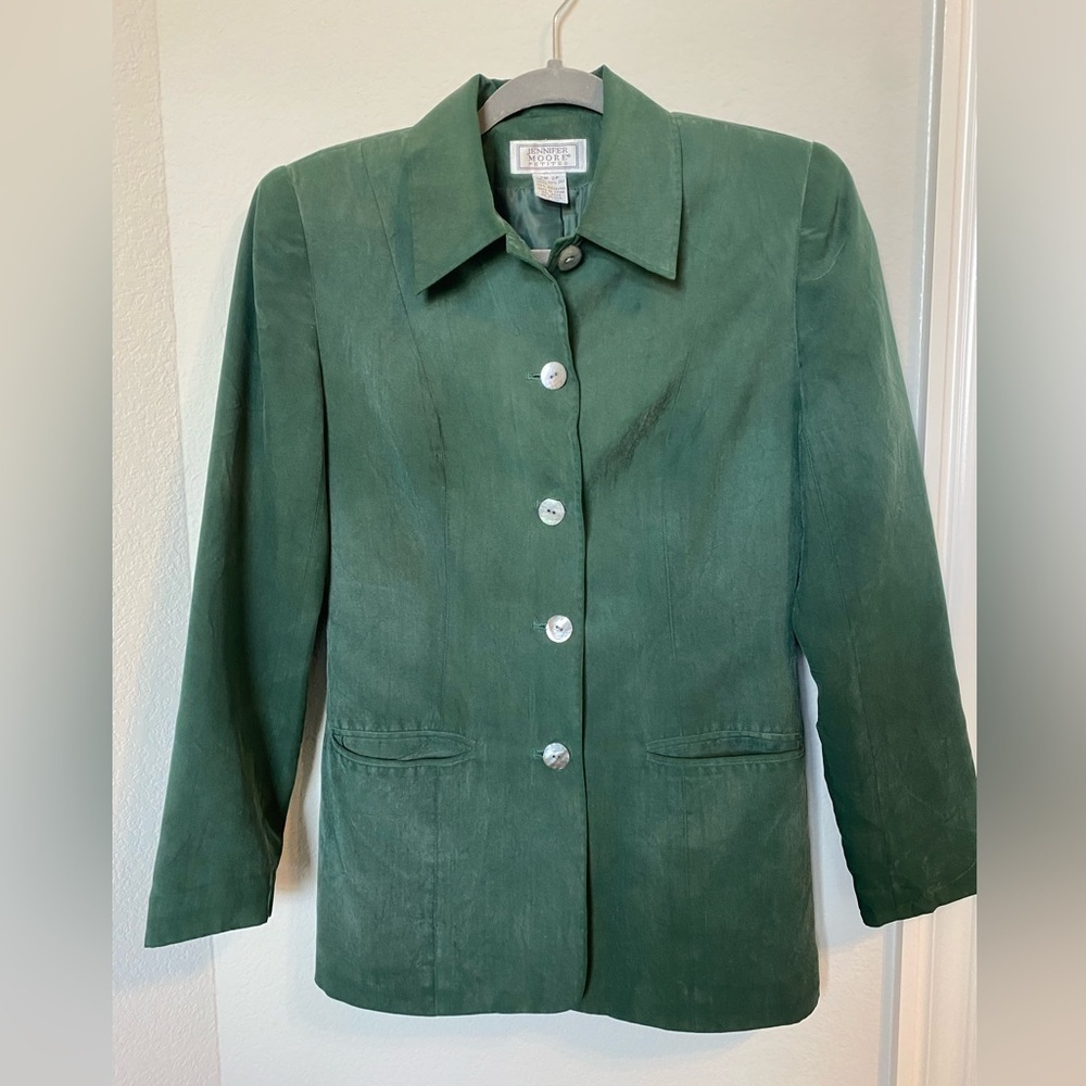 Jennifer Moore green silk blazer w/ shell button sz 2, 80s style women’s jacket